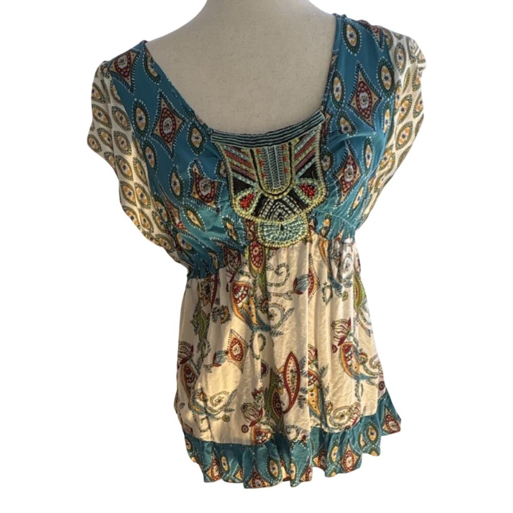 One World Live And Let Live Blue Paisley Embroidered Tunic Blouse Rayon M